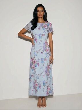 Vintage Mary McFadden Blue Floral Romantic Midi Dress 1990’s Size 6